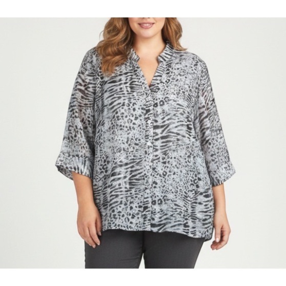 VALERIE STEVENS Gray LINEN BLEND BURNOUT Button-Up ANIMAL PRINT Shirt/Top Sz 1X